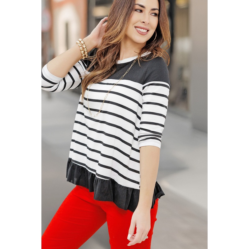Striped Ruffle Bottom Tee Black S