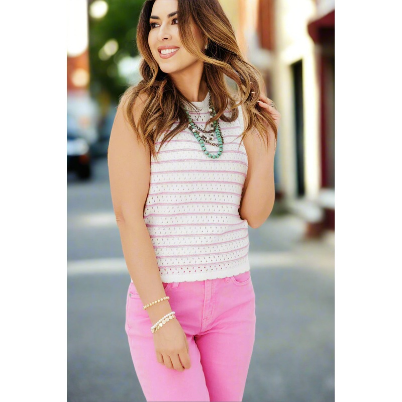 Striped Scalloped Bottom Woven Tank Pink S