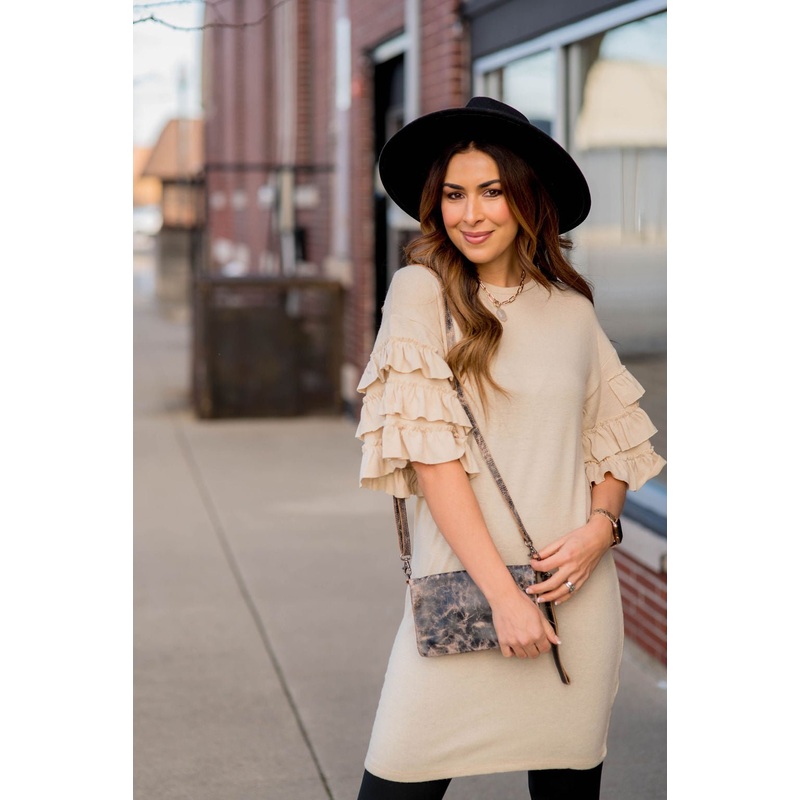 Triple Ruffle Sleeve Dress Oatmeal S