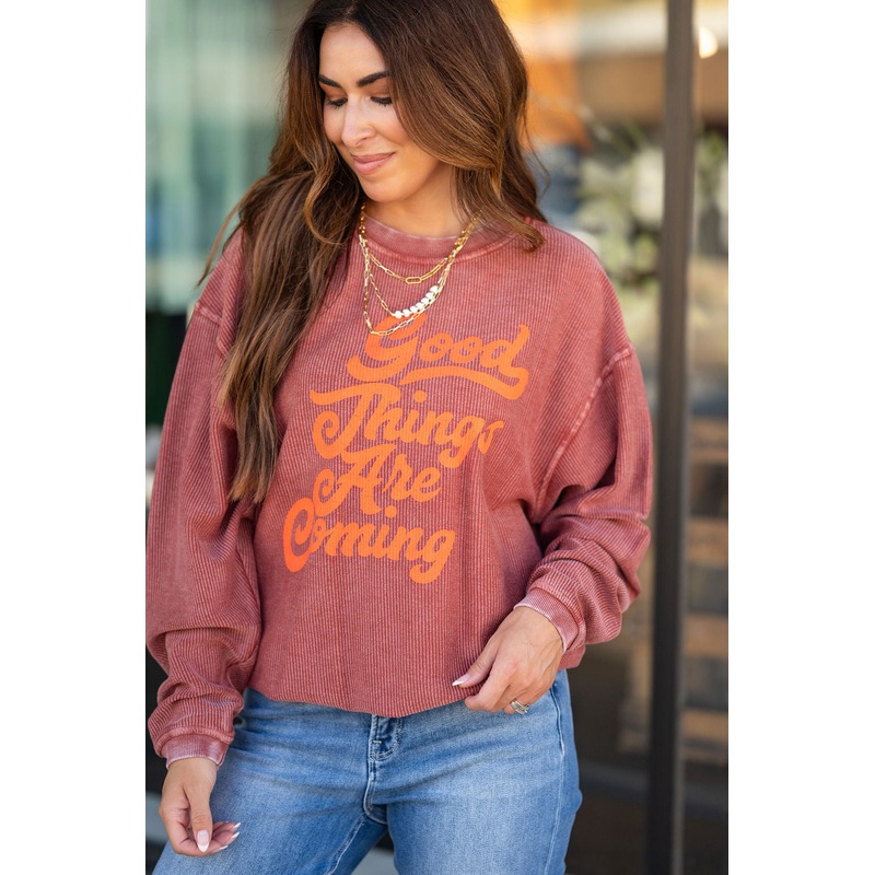 Vintage Good Things Are Coming Ribbed Graphic Crewneck Brick XS