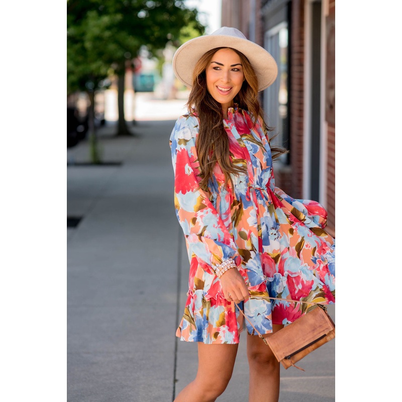 Watercolor Blooms Button Accent Dress S Powder Blue