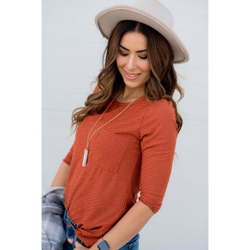 3/4 Sleeve Textured Pocket Tee Taupe S