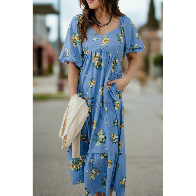 Blossoms Puff Sleeve Tiered Maxi Dress Powder Blue S