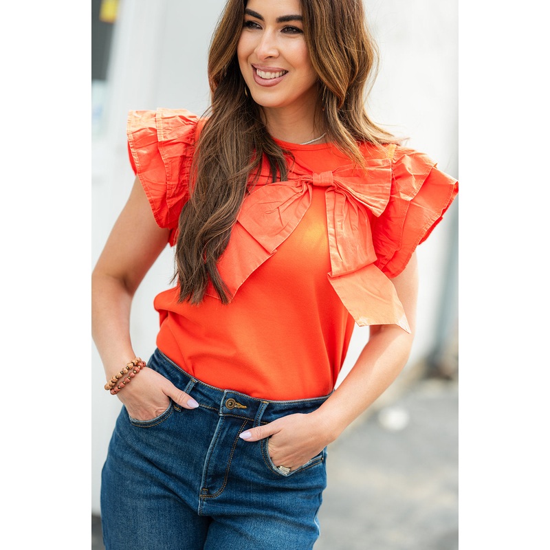 Bow Accented Dual Flutter Blouse Black S
