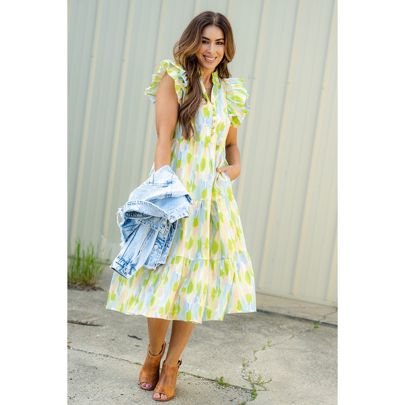 Brush Stroke Tiered Midi Dress Lime S