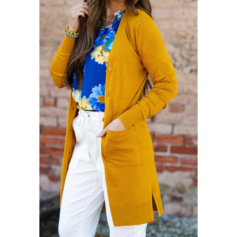 Button Accented Side Slit Tunic Cardigan Mustard S