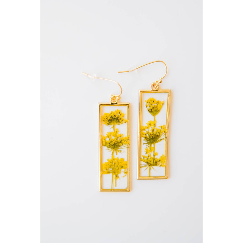 Pressed Flowers Rectangular Dangle Earrings Yellow