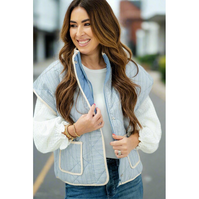 Quilted Muted Stripes Oversized Vest Powder Blue S