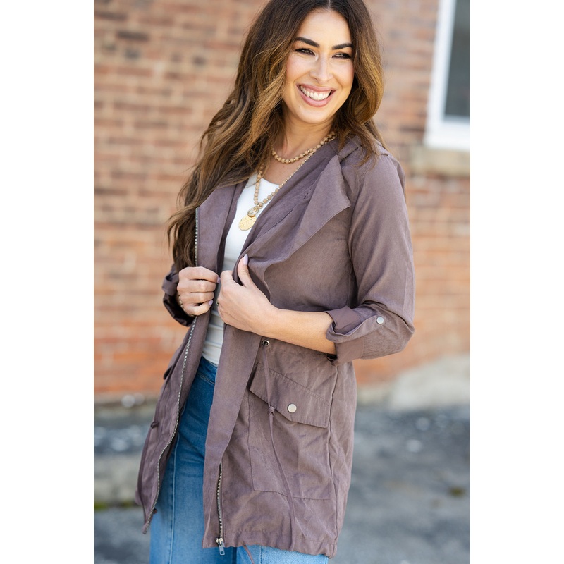 Tab Sleeve Hooded Utility Jacket Taupe S