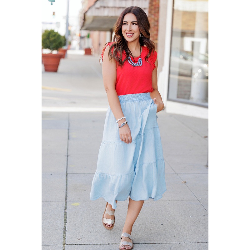 Tiered Denim Midi Skirt Medium Wash S