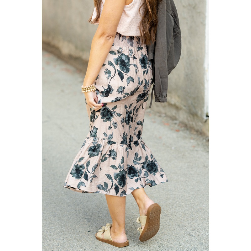 Vintage Roses Ruffle Bottom Maxi Skirt Beige S