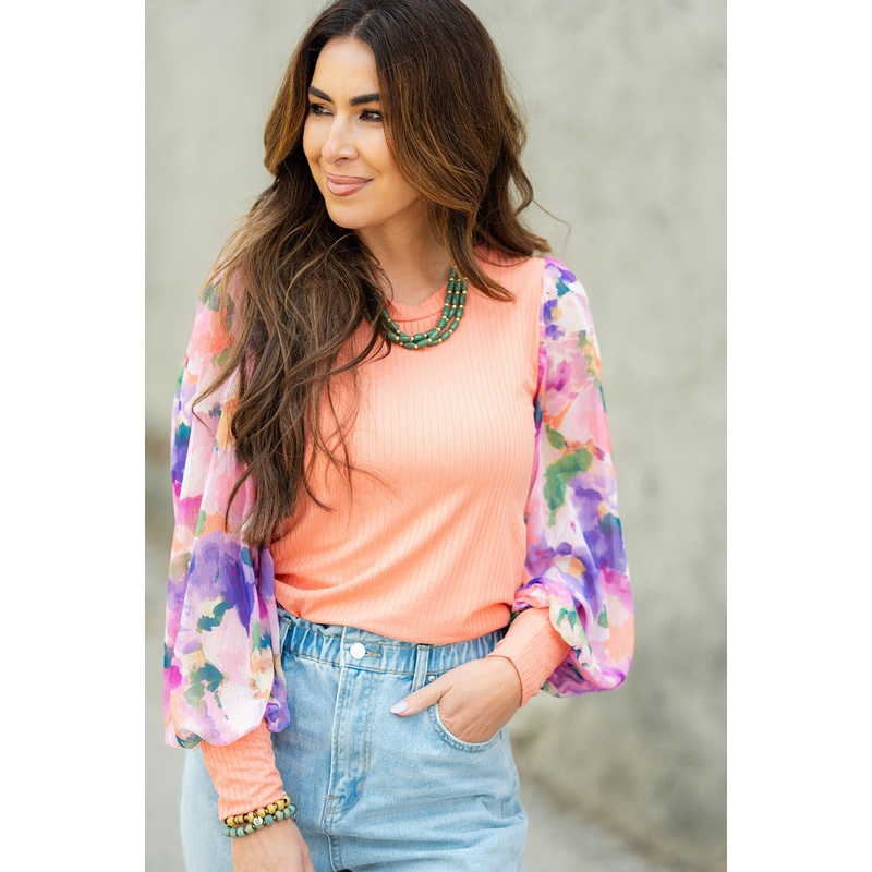 Watercolor Floral Sleeve Ribbed Body Blouse Blush S