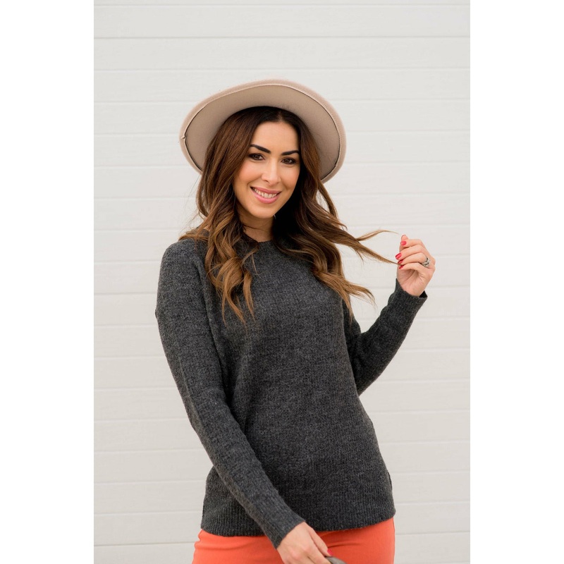 Basic Ribbed Knit Sweater Charcoal S
