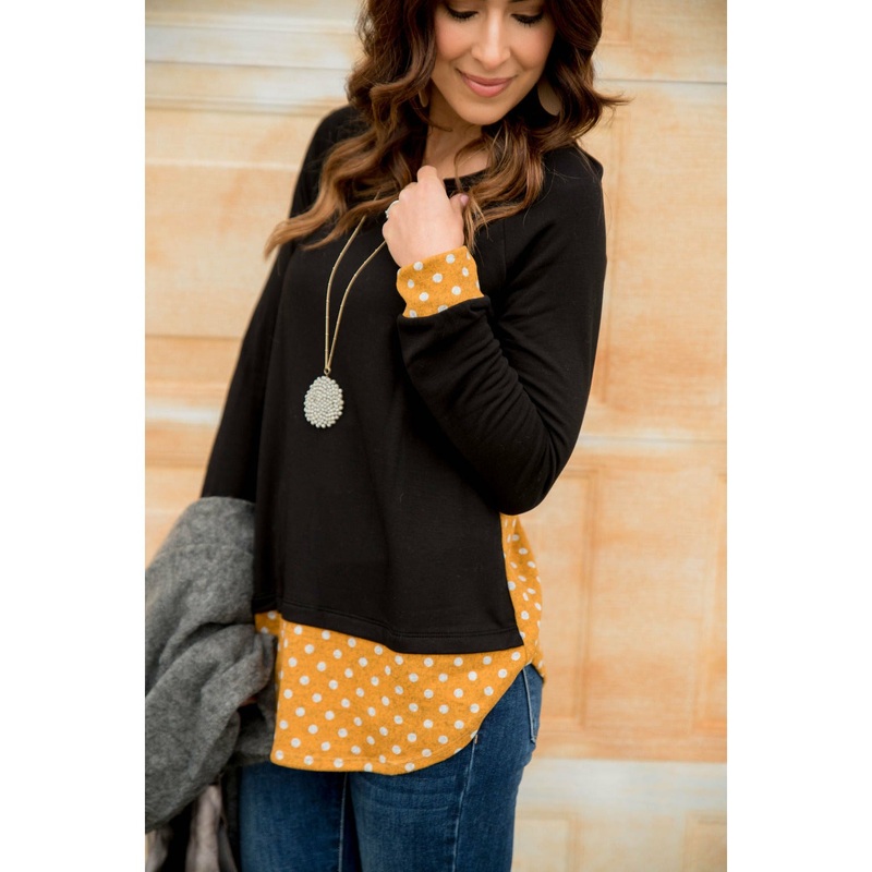 Black Polka Dot Accent Long Sleeve Tee Mustard S