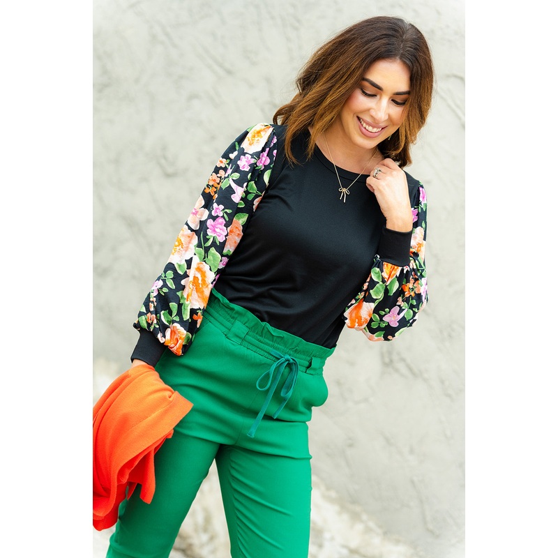Bold Blooms Sleeve Solid Body Blouse Black S