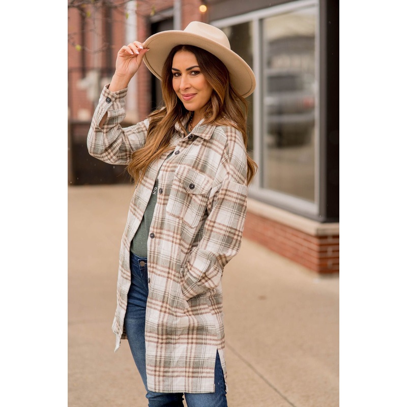 Chic Elongated Plaid Tunic Shacket Navy S