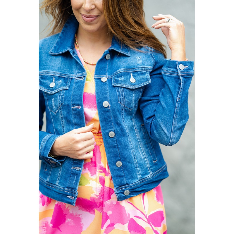 Perfectly Distressed Denim Jacket Dark Wash S