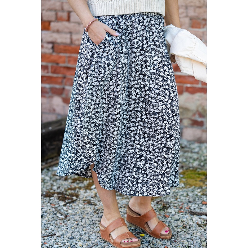 Scattered Daisies Side Slit Midi Skirt Black S