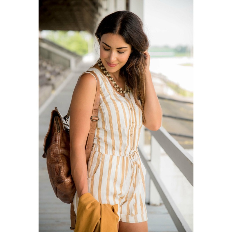 Striped Pocket Romper Camel S