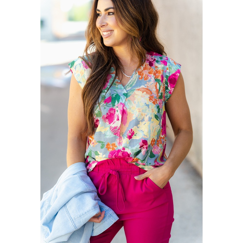 Watercolor Roses V-Neck Blouse Powder Blue S