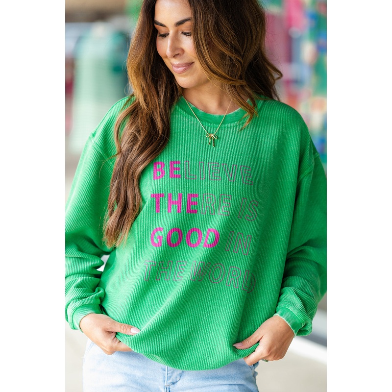 Believe There Is Good Ribbed Graphic Crewneck Green S