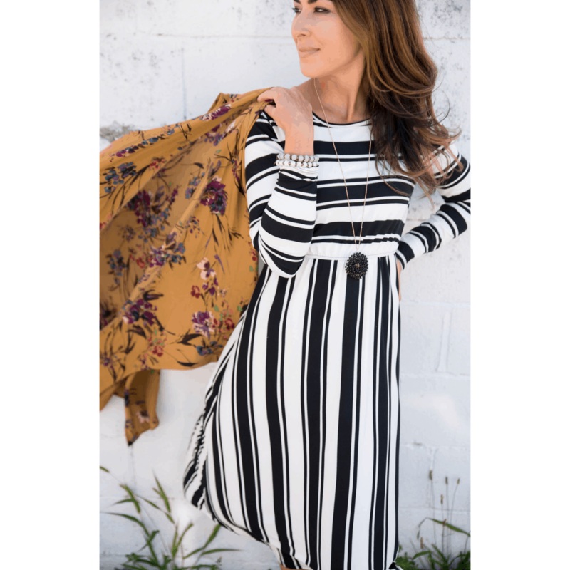 Black Cinched Waist Striped Dress S