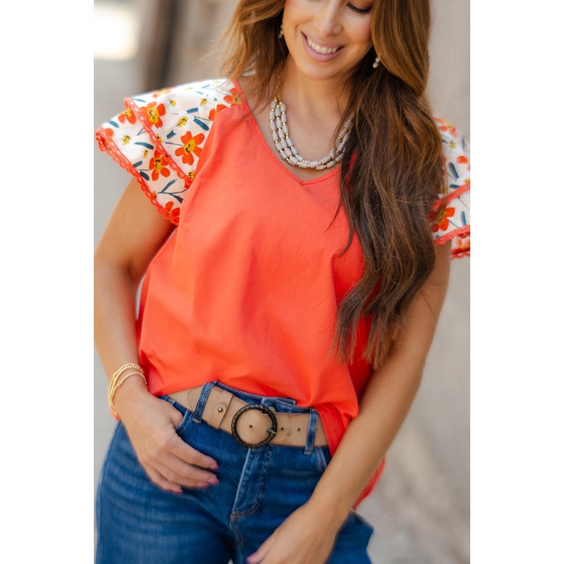 Blooms Dual Flutter Sleeve Solid Body Blouse Orange S