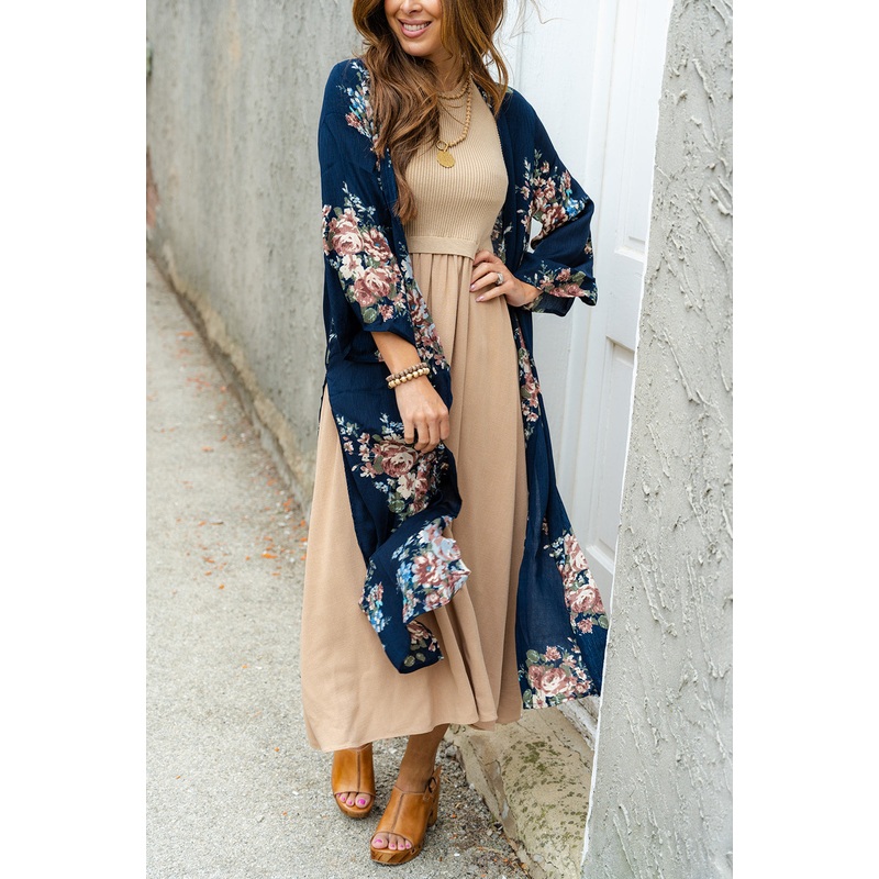 Blossoms Duster Kimono Navy S