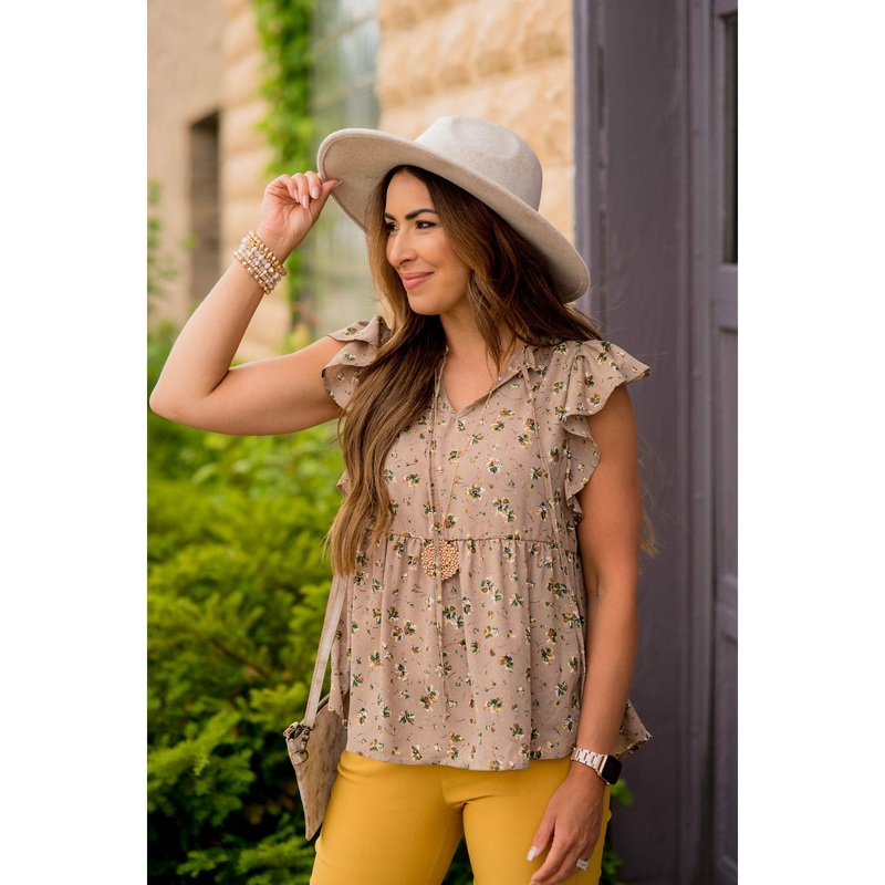 Blossoms Flutter Sleeve Peplum Blouse Beige S