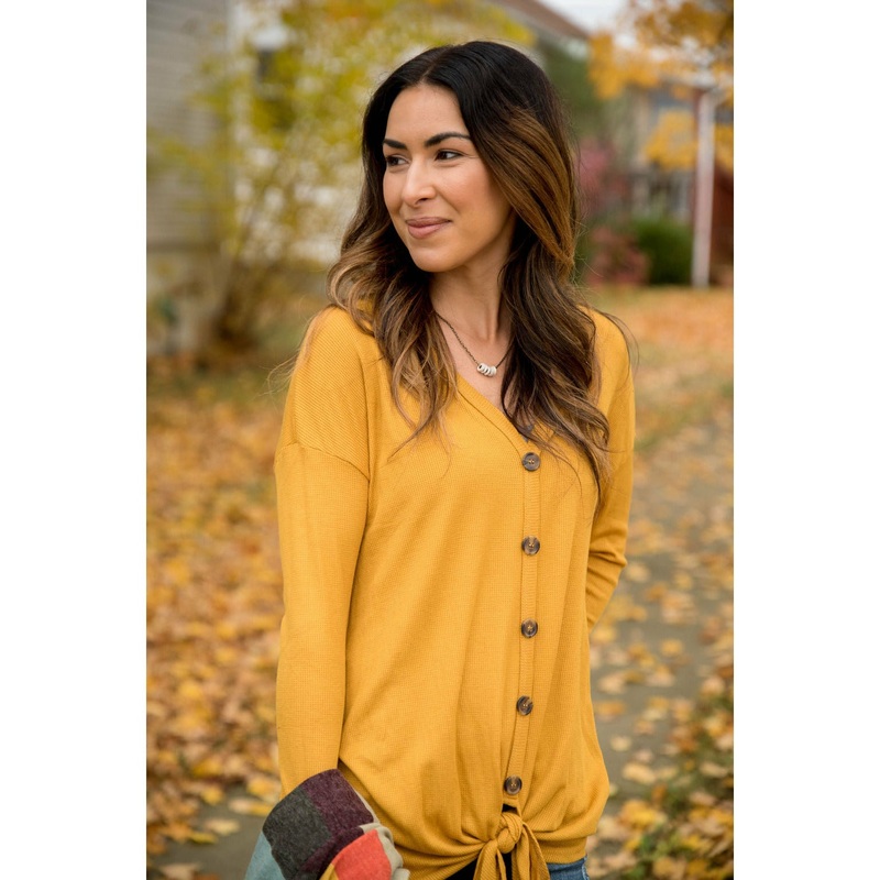 Button Front Long Sleeve Tie Tee Mustard S