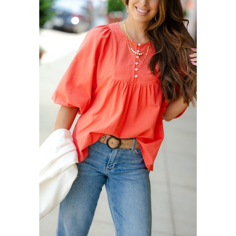 Button Top Peasant Blouse Coral S