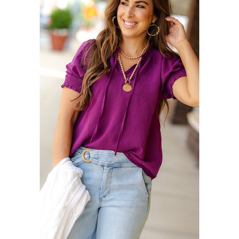 Ruched Puff Sleeve Tie Blouse Eggplant S