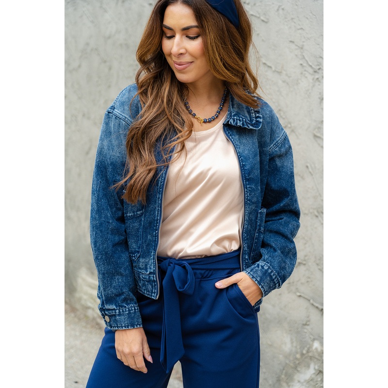 Ruffle Accented Denim Bomber Jacket Dark Wash S