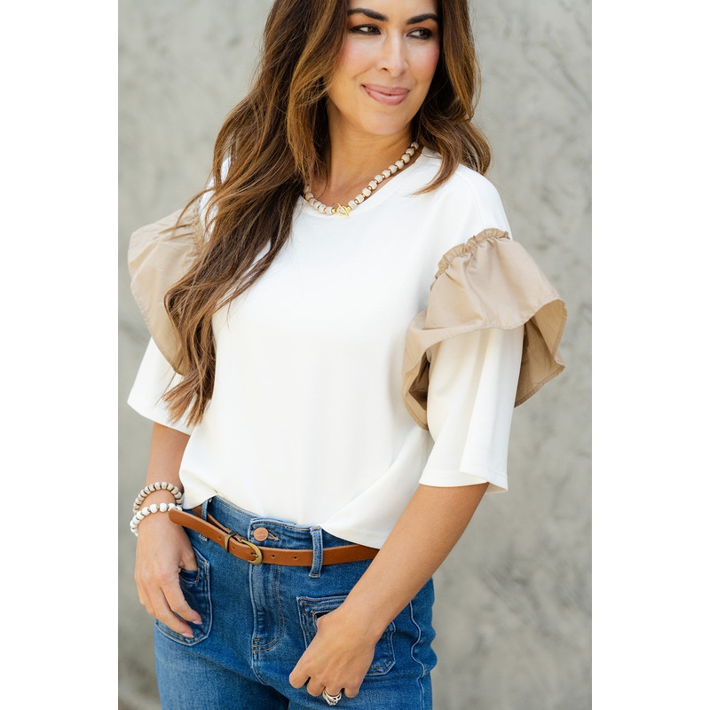 Ruffle Accented Sleeve Tee Ivory S