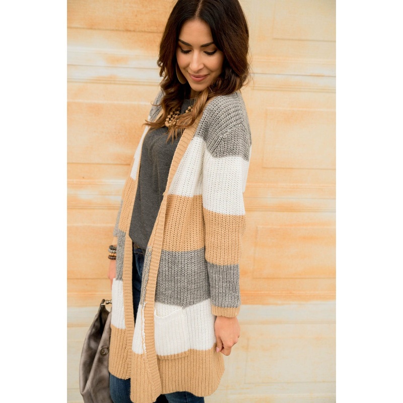 Tan Trimmed Color Blocked Cardigan S Grey
