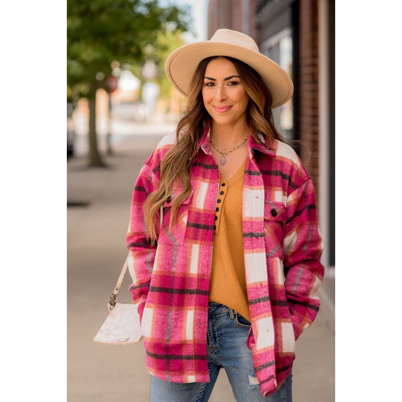 Think Pink Plaid Shacket S