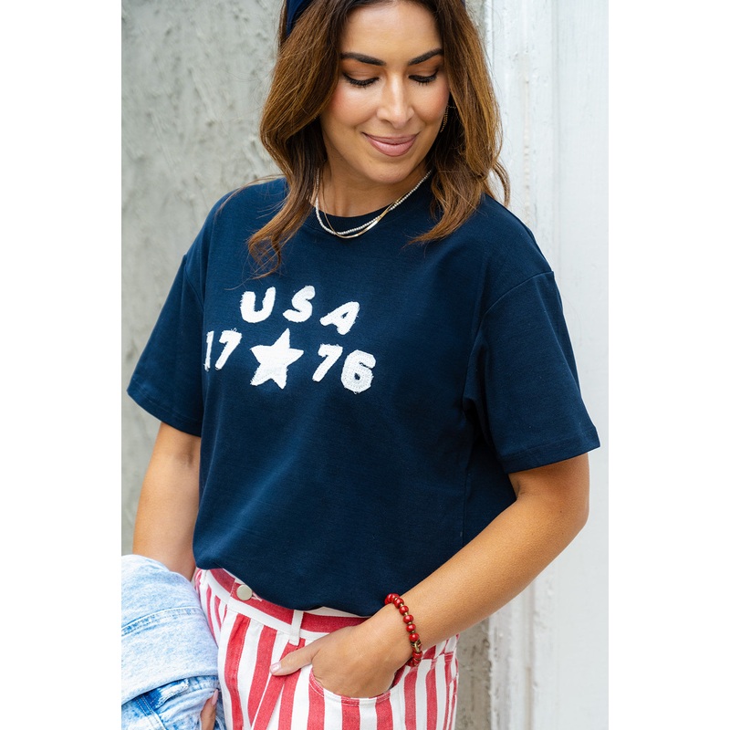 USA 1776 Stitched Tee Navy S