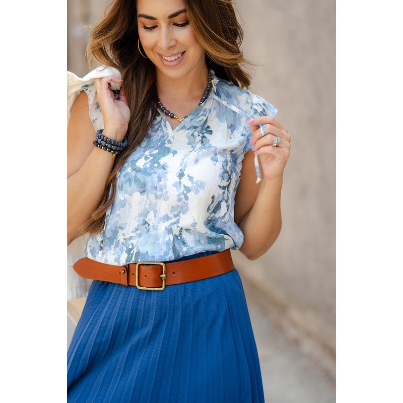 Watercolor Flutter Trim Tie Blouse Blue S