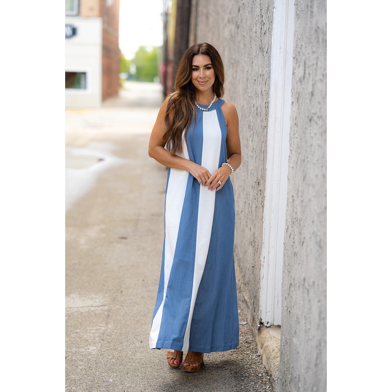 Blocked Stripes Maxi Dress Blue S