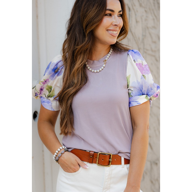 Blossoms Twist Sleeve Tee Lilac S