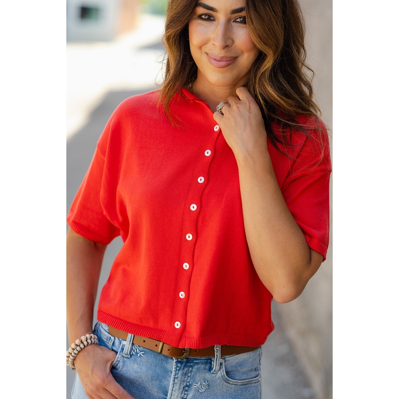 Button Front Half Sleeve Knit Tee Oatmeal S