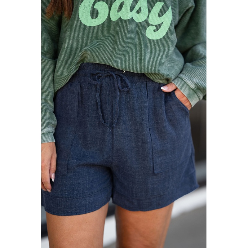Chambray Drawstring Shorts Dark Wash S
