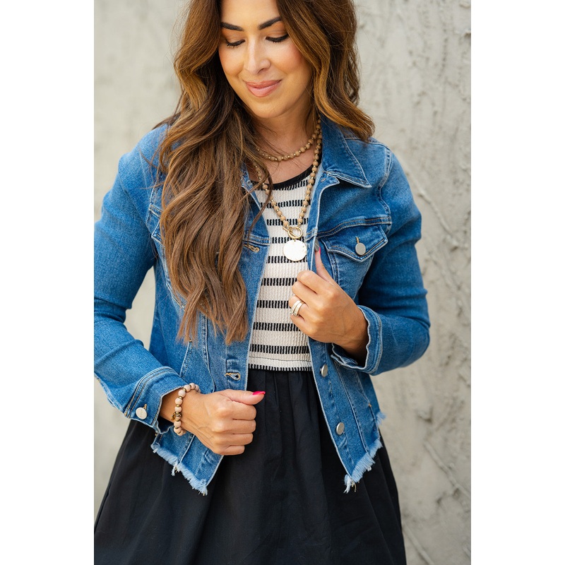 Frayed Hem Distressed Denim Jacket Medium Dark Wash S