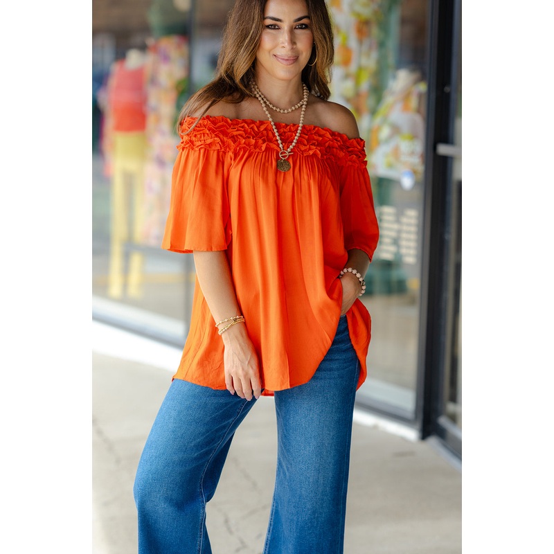 Ruffle Off The Shoulder Tunic Blouse Orange S