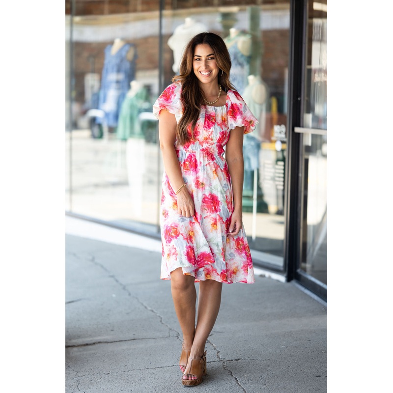 Watercolor Floral Puff Sleeve Dress White S