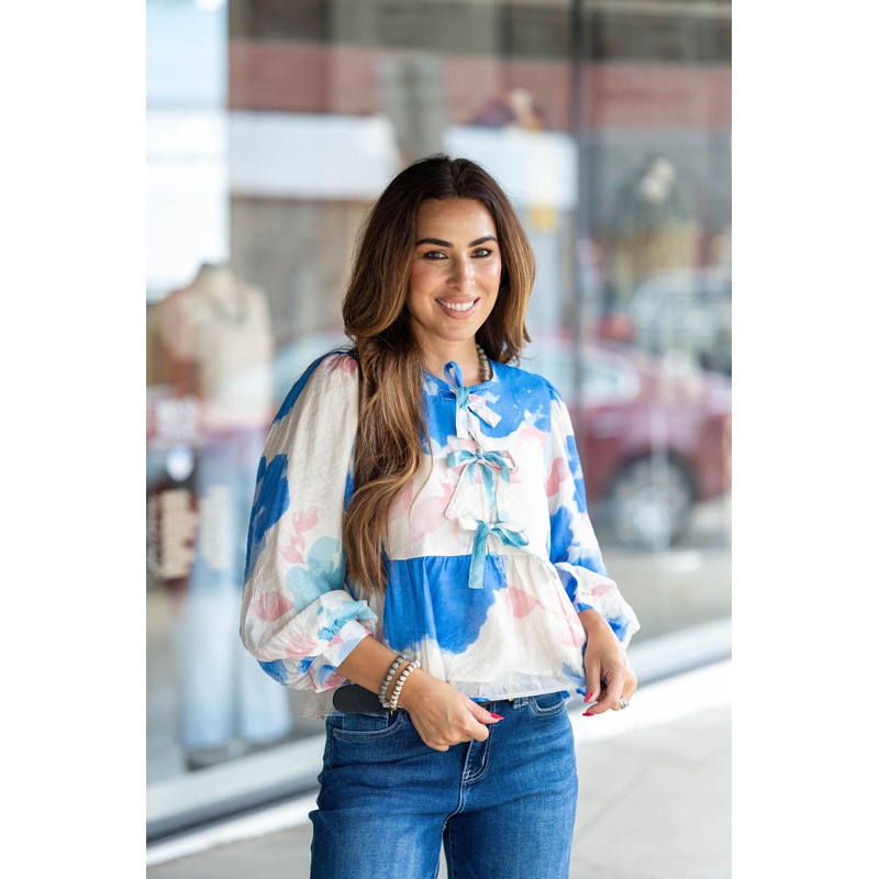 Watercolor Tie Front Peplum Blouse Blue S