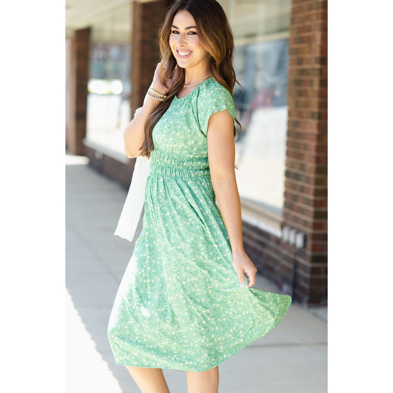 Blossoms Cinched Waist Midi Dress Green S