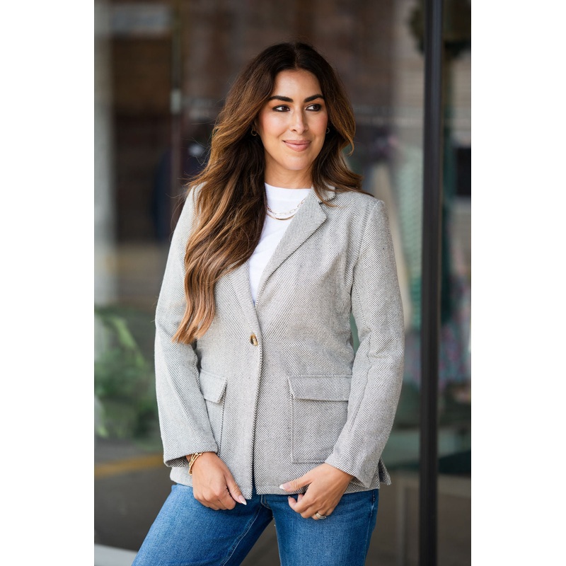 Herringbone Dual Pocket Blazer Charcoal S