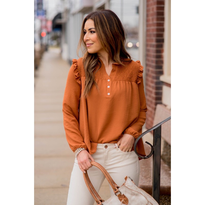 Ruched Ruffle Shoulder Blouse Cognac S
