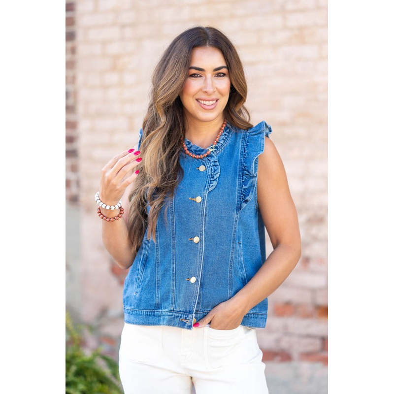 Ruffle Accented Denim Vest Dark Wash S